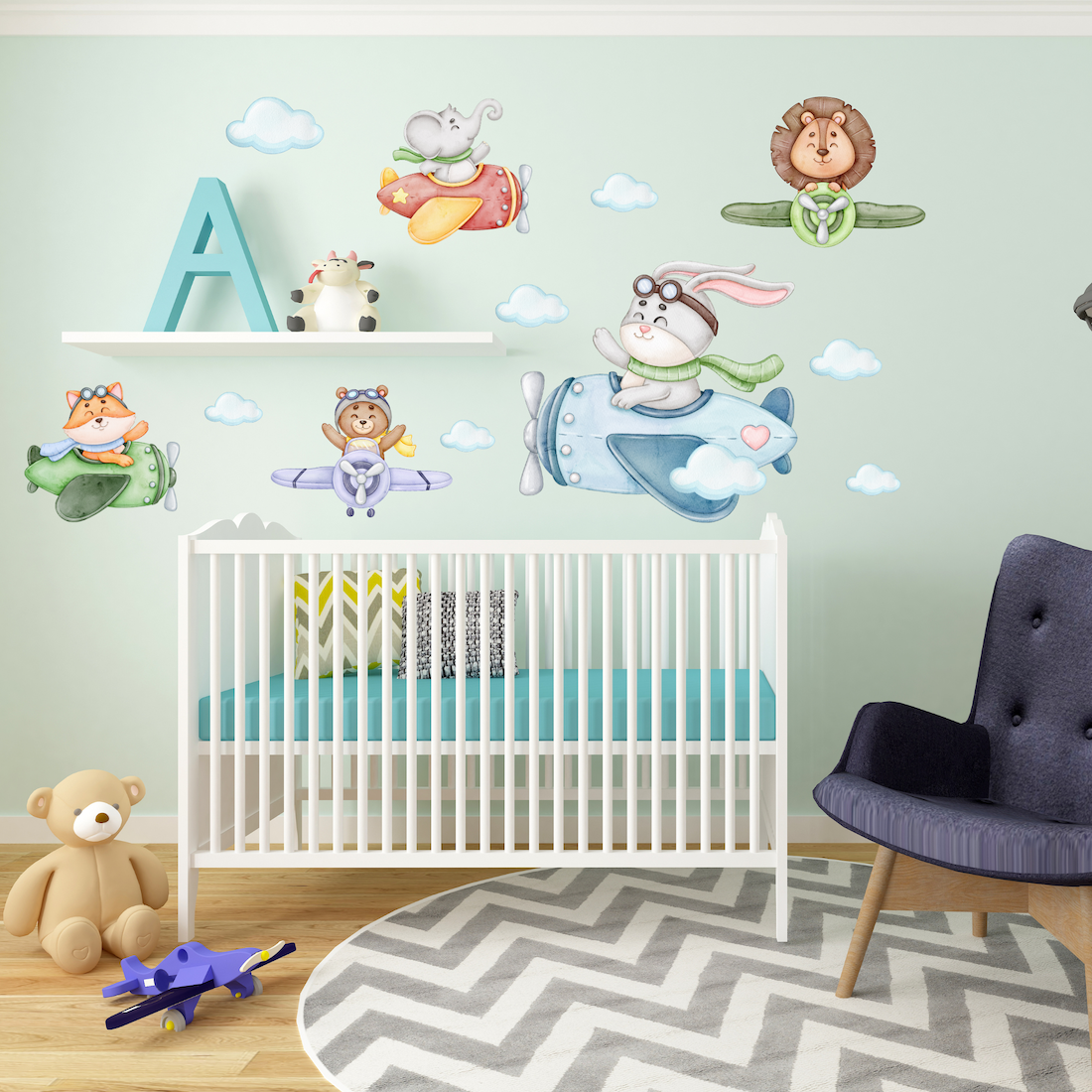 Textilná nálepka na stenu do detskej izby - Zvieratká v lietadlách